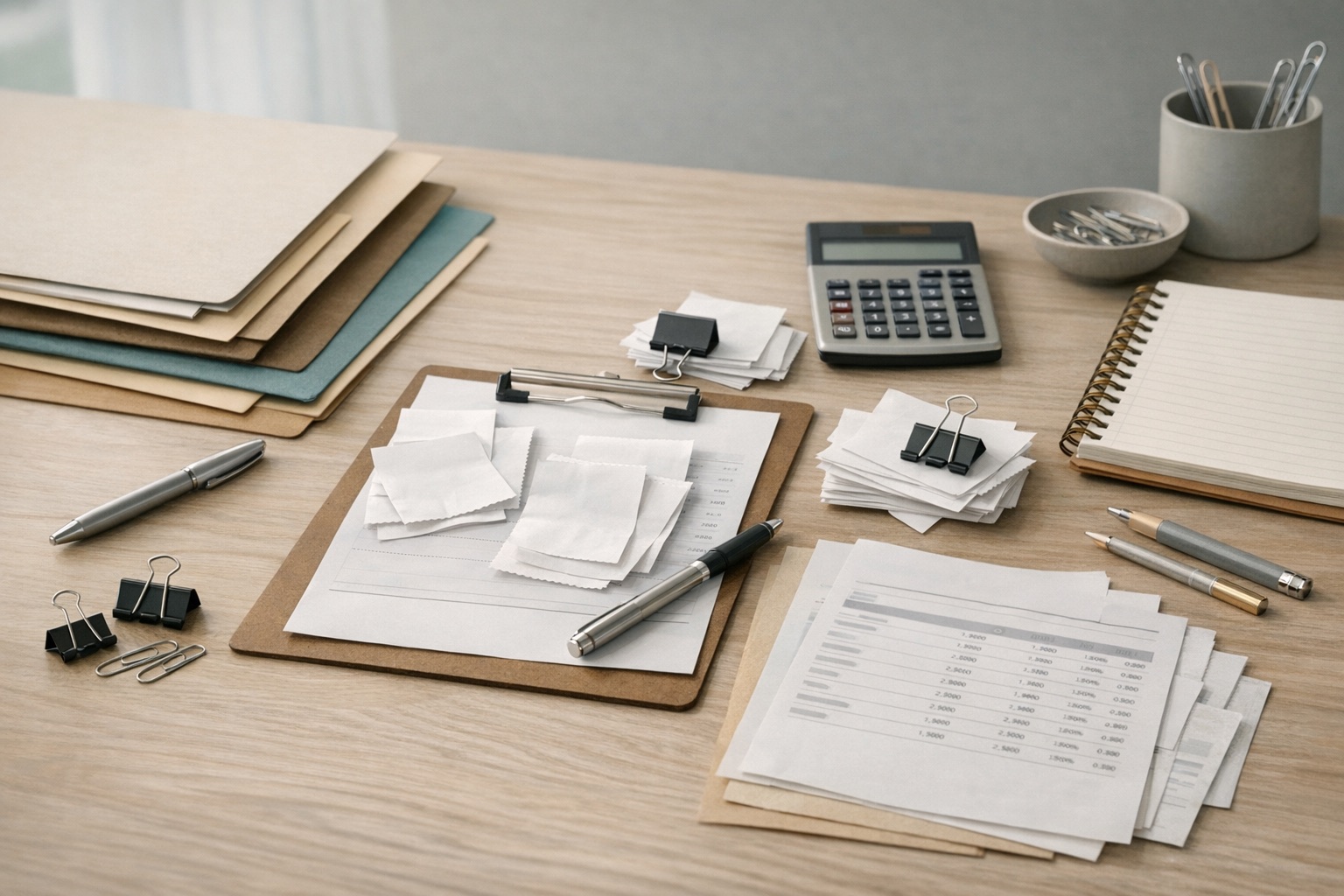 A calm office scene showing a transaction review desk with receipt folders, follow-up notes, and a structured month-end workflow.